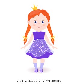 Cute small princess.Hand drawn cute little girl. Smiling cartoon character.Child with pigtails.Violet dress. yellow crown.Childish vector card.