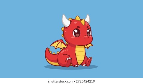 Un lindo y Pequeño dragón rojo con ojos Grandes, cuernos Pequeños y acentos amarillos se sienta sobre un fondo liso. Está dibujado en un estilo de dibujos animados.