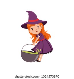 Cute small red-haired girl witch dragging cauldron with green potion. Trick or Treat Halloween costume. Vector flat cartoon illustration on white.