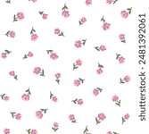 Cute small roses flower and leaves simple vintage ditsy style of pink and green colors. Seamless pattern for textile, fashion fabric print for girl baby and woman dress, home decor, floral design art