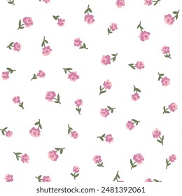 Cute small roses flower and leaves simple vintage ditsy style of pink and green colors. Seamless pattern for textile, fashion fabric print for girl baby and woman dress, home decor, floral design art