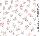 Cute small roses flowers and leaves simple vintage ditsy style of pink and green colors. Seamless pattern for textile, fashion fabric print for girl baby and woman dress, home decor, floral design