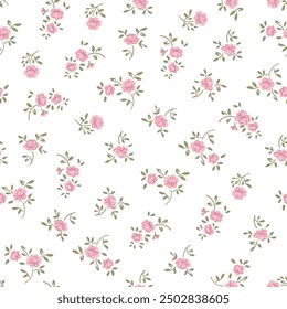 Cute small roses flowers and leaves simple vintage ditsy style of pink and green colors. Seamless pattern for textile, fashion fabric print for girl baby and woman dress, home decor, floral design