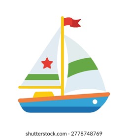 Cute small sailboat with green stripe and red flag flat vector illustration for nautical theme