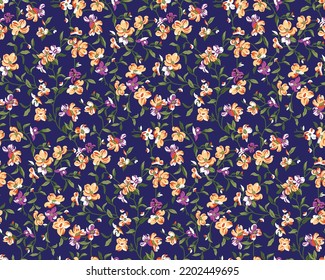 cute small seamless flower pattern on navy background, textile design