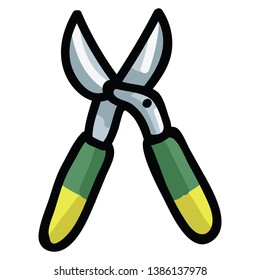 Cute small secateurs cartoon vector illustration motif set. Hand drawn garden pruning tools blog icons. Botanical equipment graphics. Agriculture web buttons.