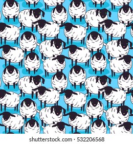 Cute small sheep illustration - seamless pattern, kawaii style farm animals sketch. Hand drawn minimalistic ink drawing with group of baby lamb.