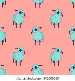 Cute small sheep illustration - seamless pattern, kawaii style farm animals sketch. Hand drawn minimalistic ink drawing with group of baby lamb.