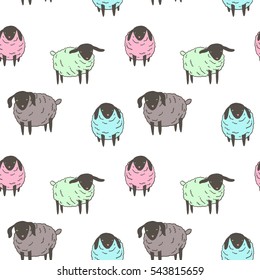 Cute small sheep illustration - seamless pattern, kawaii style farm animals sketch. Hand drawn minimalistic ink drawing with group of baby lamb.