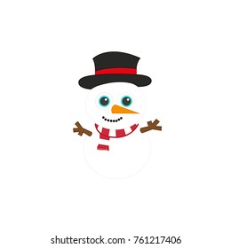 cute small snowman made of white snow lines drawings illustrations with a black top hat elegant and a striped red and white scarf with an orange carrot as a nose during the winter weather christmas