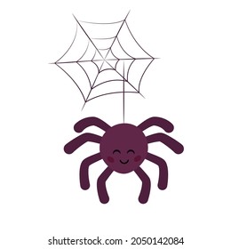 Cute small Spider hanging on string of cobwebs. Smiling Spider with spider web in cartoon style, Halloween symbol. Halloween concept. Illustration isolated on white background. Good for web and print