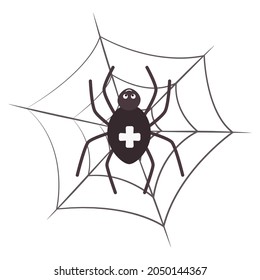 Cute small Spider sitting on a cobwebs. Smiling Spider with spider web in cartoon style, Halloween symbol. Halloween concept. Illustration isolated on white background.  Good for web and print  