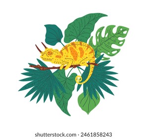 Cute small spotted yellow orange chameleon with horns on branch with tropical leaves. Exotic guana from the wild jungle. Cartoon predator lizard animal flat vector illustration isolated on white