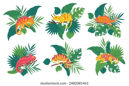 Cute small striped colorful chameleon on branch with tropical leaves. Cartoon predator lizard animal flat vector illustrations set isolated on white. Exotic guana pet from the wild jungle