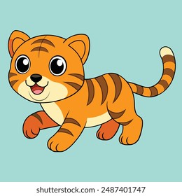 Cute Small Tiger Run Vector Illustration Cartoon, Clipart, Line Art Design