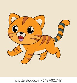 Cute Small Tiger Run Vector Illustration Cartoon, Clipart, Line Art Design