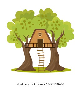 Cute small treehouse between two trees with stairs. Vector illustration in flat cartoon style