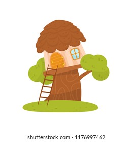 Cute small treehouse, fairytale fantasy house for gnome, dwarf or elf vector Illustration on a white background