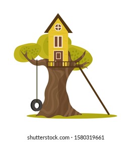 Cute small treehouse with stairs and tire swing. Vector illustration in flat cartoon style