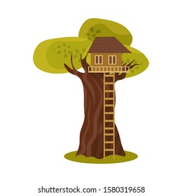 Cute small treehouse with stairs. Vector illustration in flat cartoon style