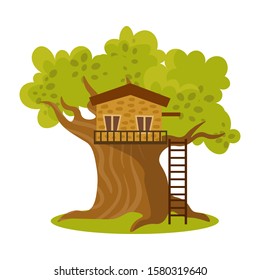 Cute small treehouse with two windows and stairs. Vector illustration in flat cartoon style