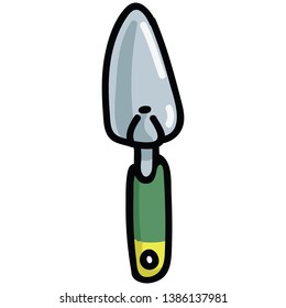 Cute small trowel cartoon vector illustration motif set. Hand drawn gardening tools blog icons. Botanical equipment graphics. Agriculture web buttons.