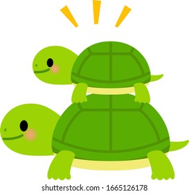 Cute small turtle riding on a larger turtle