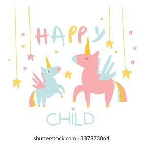 Cute Small Unicorn with Mom. Flat Vector Illustration.