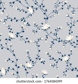 cute small vector flowers with navy leaves pattern on grey background