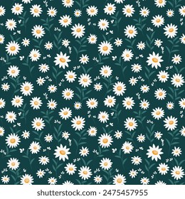 Lindas Pequeñas margaritas blancas con estambres amarillos sobre fondo verde para el Fondo de pantalla textil de la tela de impresión.