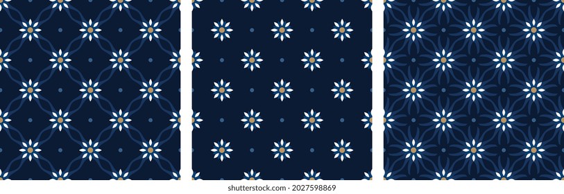 Cute small white flower abstract line shape geometric motif pattern continuous background. Marine blue modern geo ditsy floral fabric design textile swatch ladies dress, man shirt all over print block svg