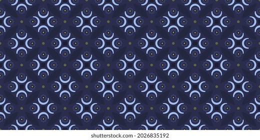 Cute small white flower motif ring pattern continuous background. Modern ditsy floral baby doll dress fabric design textile swatch all over print block. Monotone blue, white pastel colors palette.