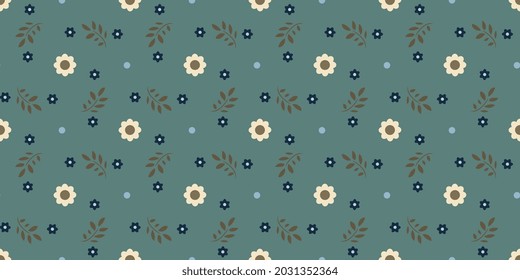 Cute small white flower motif pattern abstract geometric continuous background. Modern ditsy floral dress fabric design textile swatch all over print block. Khaki, turquoise, blue pastel color palette svg