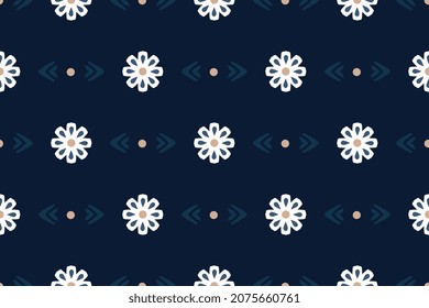 Cute Small White Flower Motif Pattern Abstract Geometric Continuous Background. Ditsy Floral Baby Doll Dress Fabric Design Textile Swatch All Over Print Block Monotone Blue, White Pastel Color Palette