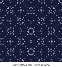 Kleine weiße Blumen abstrakte Linie formt geometrisches Motiv Muster kontinuierliche monotone Hintergrund. Modernes geo-ditsy Blumengewebe Design Textilschaumverkleidung, Herrenhemd auf Druckblock.