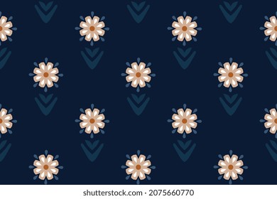 Cute small white flowers motif pattern continuous background. Modern decor ditsy floral baby doll dress fabric design textile swatch all over print block. Monotone blue, white pastel colors palette. svg