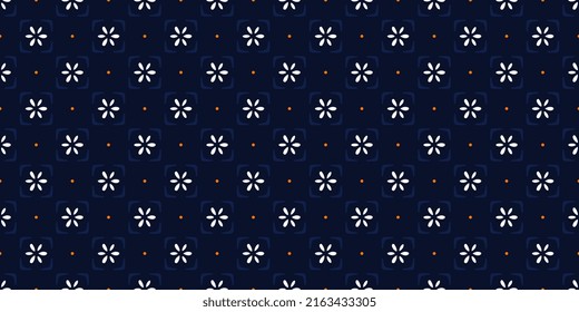 Cute small white flowers motif doodle shapes pattern continuous classic blue background. Modern decoration ditsy floral fabric design textile swatch ladies dress, men's shirt all over print block.