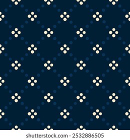 Cute small white flowers pattern doodle shapes motif continuous classic blue dots background. Modern decoration ditsy floral fabric design textile swatch ladies dress, men's shirt all over print block