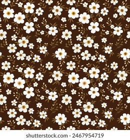  Cute small white flowers with yellow stamens on dark brown color background. This pattern design for print,fabric, textile, wallpaper