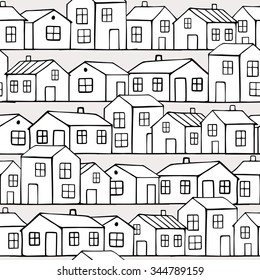 Cute small  white houses. Vector Seamless Pattern.