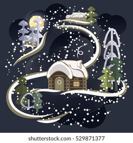 Cute small winter house in the forest. Vector graphic illustration.