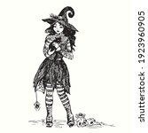 Cute small witch in hat holding black cat. Spider in web and sculls. Ink black and white drawing. Vector illustration