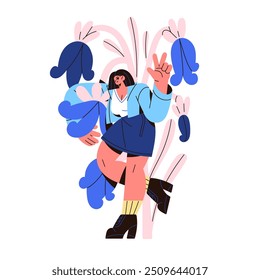 Cute small woman with big blue flower. Tiny girl gesturing victory or peace sign near bluebell. Funny character with bellflower, bloom plant. Spring nature. Flat isolated vector illustration on white