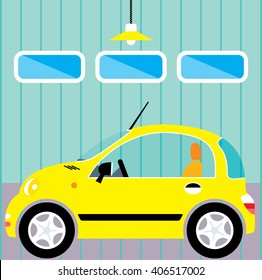 Cute small woman car in garage.  New car parking. Vector illustration.