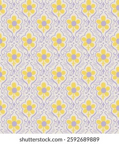 Cute small yellow flowers motif pattern on purple background. Modern décor ditsy floral baby doll dress fabric design textile swatch all over print block.