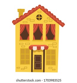 Cute small yellow house with red tile roof and many windows with shutters and a door. Traditional european street. Cartoon building. Town element. Fairy tale house. Flat vector illustration.