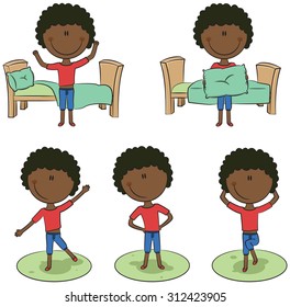 Cute and smart African-American boy perform morning activities