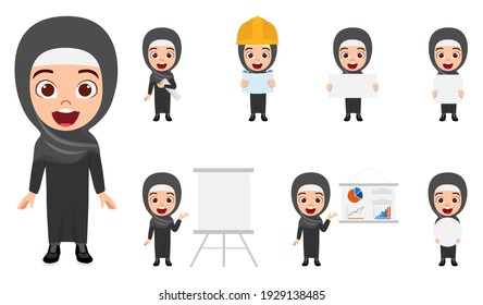 Cute smart Arab Muslim kid businesswoman character doing different actions with presentation board with cheerful expression 
