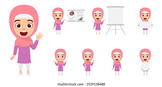 Cute smart Arab Muslim kid businesswoman character wearing colorful hijab doing different actions with presentation board with cheerful expression 