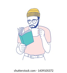 Cute smart bearded guy with glasses holding mug, drinking coffee and reading book. Portrait of thoughtful student or literature reader isolated on white background. Hand drawn vector illustration.